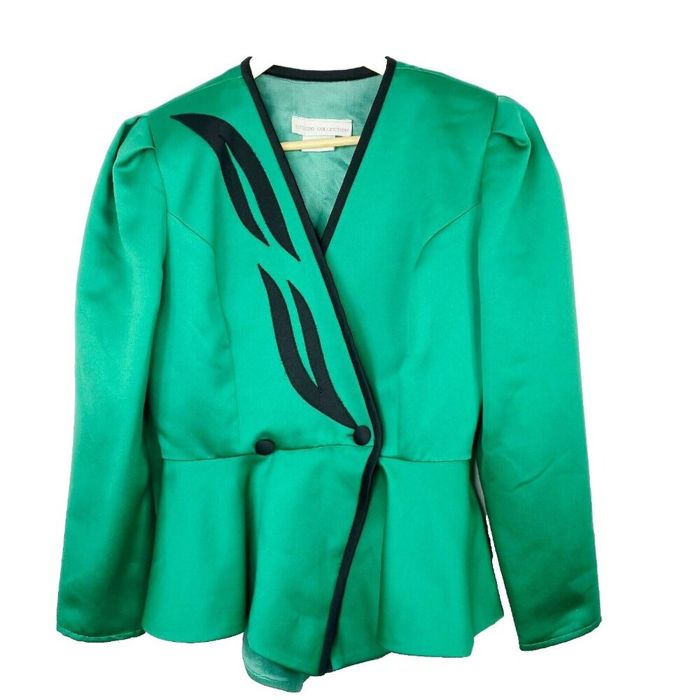 Vintage 80's Blouse Womens Medium Studio Collection Green Surplice Peplum Top